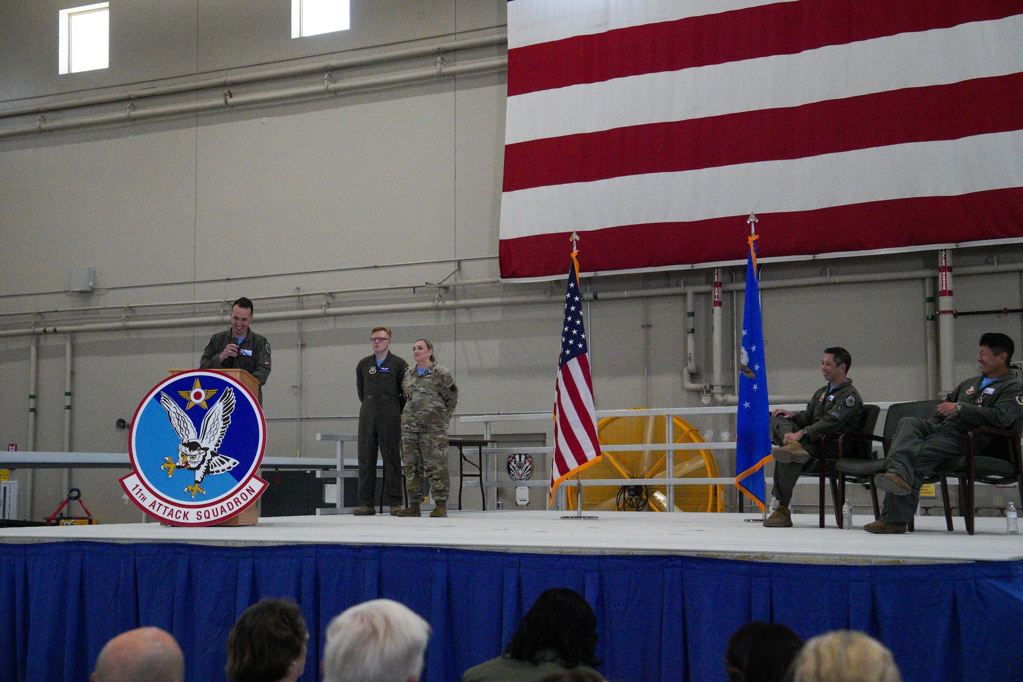 U.S. Air Force Lt. Col. Douglas Kottraba, 11th Attack Squadron incoming commander, presents his first remarks during a change of command ceremony at Creech Air Force Base, Nevada, April 17, 2026.