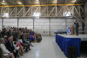 U.S. Air Force Lt. Col. Douglas Kottraba, 11th Attack Squadron incoming commander, renders his first salute to U.S. Airmen with the 11th ATKS during a change of command ceremony at Creech Air Force Base, Nevada, April 17, 2026.