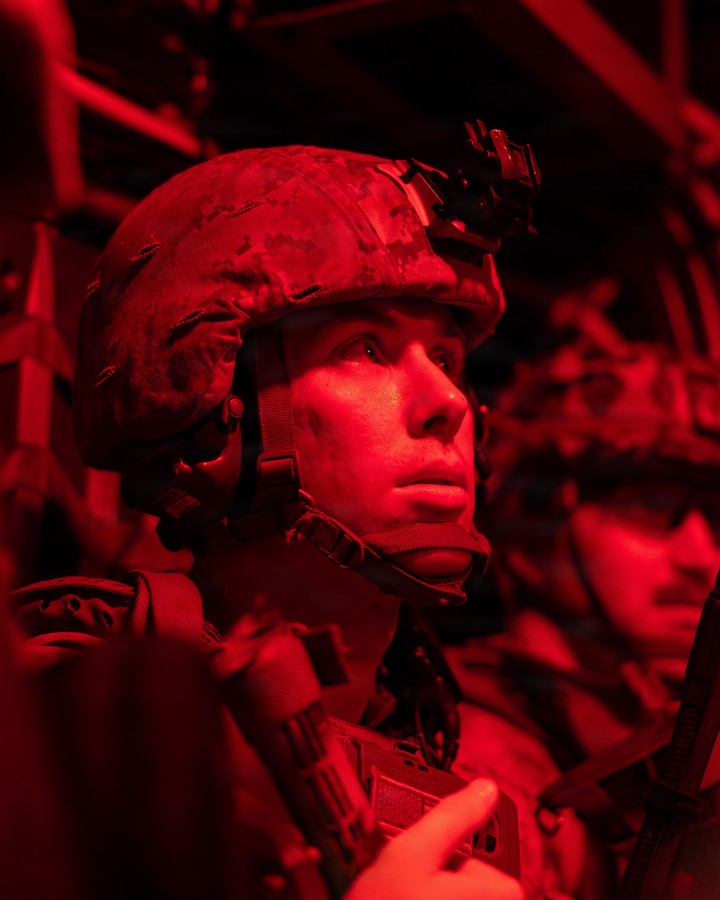 A U.S. Marine with Battalion Landing Team 3/5, 11th Marine Expeditionary Unit, stands by in a landing craft, air cushion with Assault Craft Unit 5 during a company quick reaction force drill aboard Wasp-class amphibious assault ship USS Boxer (LHD 4) in the Indian Ocean, May 12, 2026. The 11th MEU, embarked aboard the Boxer Amphibious Ready Group, is a persistent, combat credible force contributing to deterrence and crisis response in the U.S. 7th Fleet area of operations. U.S. 7th Fleet, the U.S. Navy's largest forward-deployed numbered fleet, routinely interacts and operates with allies and partners to preserve a free and open Indo-Pacific. (U.S. Marine Corps photo by Sgt. Trent A. Henry)