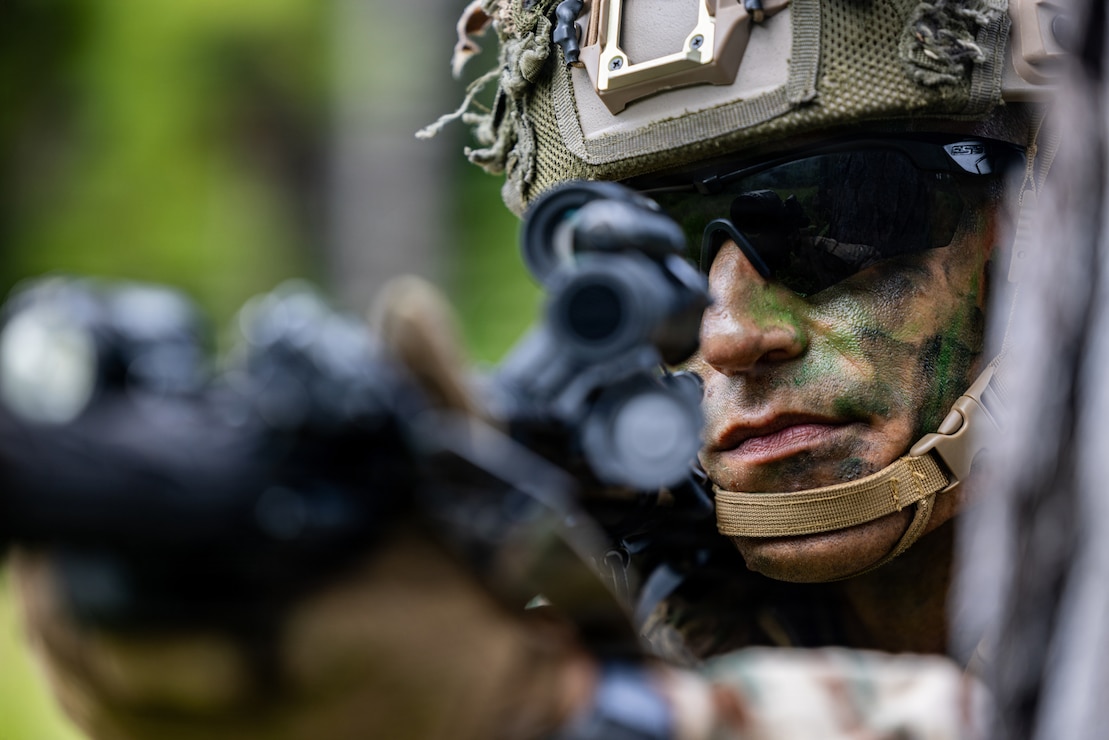 A service member with Regiment D’infanterie de Marine Pacifique, French Armed Forces in New Caledonia, provides security during a patrol as part of Exercise Tagata Toa in Plum, New Caledonia, April 28, 2026. Exercise Tagata Toa 26 is a high-intensity, regimental-level, combined arms exercise hosted by the FANC meant to enhance interoperability and strengthen relationships between nations operating in the South Pacific. (U.S. Marine Corps photo by Sgt. Kyle Chan)