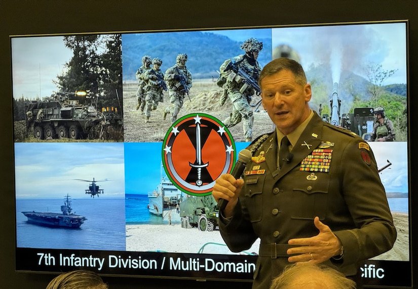 Col. Todd Burroughs, 7th Infantry Division (Multi-Domain Command- Pacific) deputy commander for support, gives a presentation on the Cross-Domain Contact Layer and lessons learned form experiments conducted by Multi-Domain Command-Pacific during the 2026 Land Forces Pacific Symposium and Exposition (LANPAC), Honolulu, Hawaii, May 12, 2026