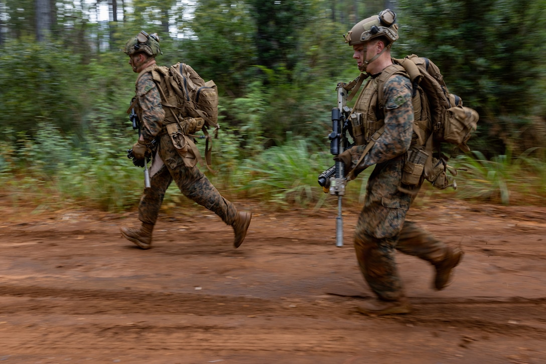 U.S. Marines with Alpha Company, 1st Battalion, 5th Marine Regiment, Marine Rotational Force – Darwin, maneuvers to an objective during a patrol as part of Exercise Tagata Toa in Plum, New Caledonia, April 28, 2026. Exercise Tagata Toa 26 is a high-intensity, regimental-level, combined arms exercise hosted by the French Armed Forces in New Caledonia meant to enhance interoperability and strengthen relationships between nations operating in the South Pacific. (U.S. Marine Corps photo by Sgt. Kyle Chan)