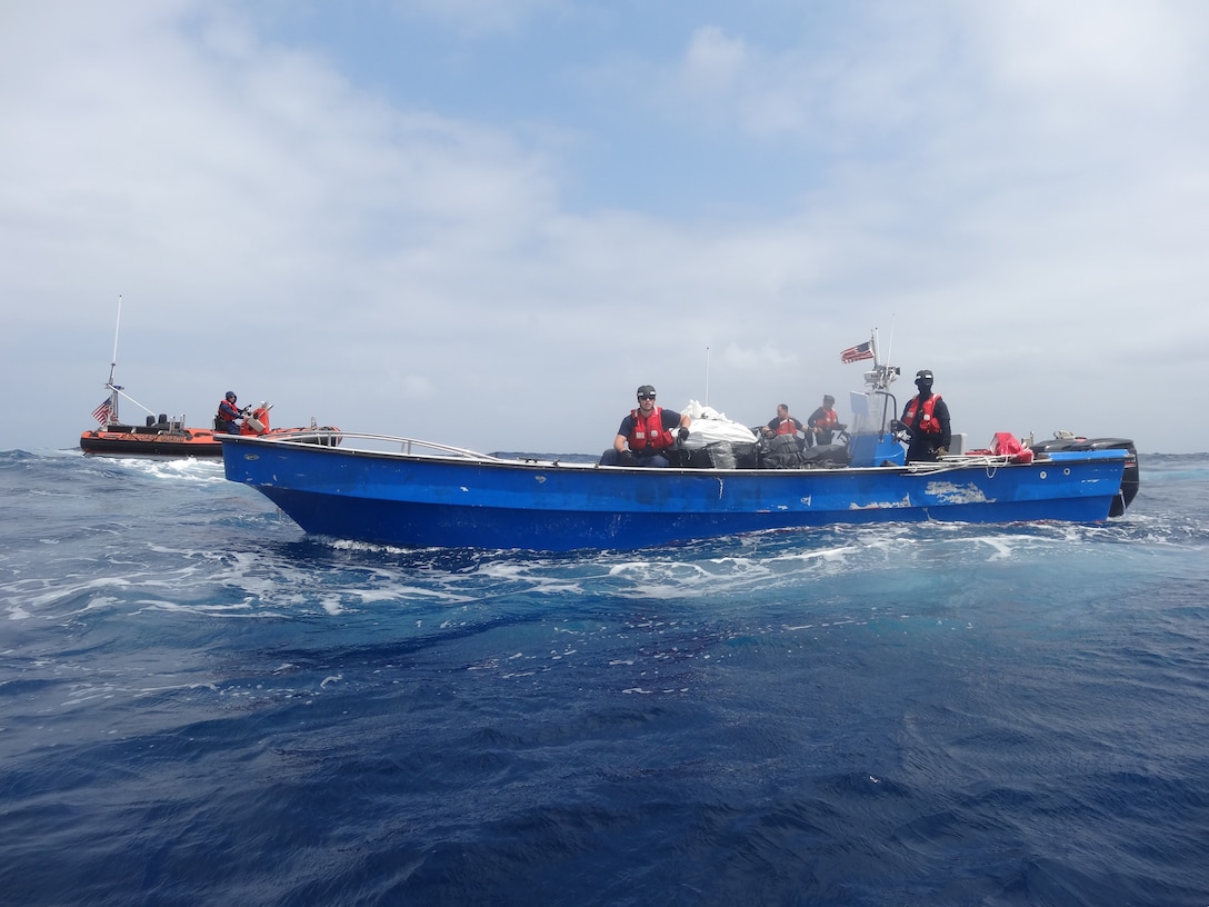 U.S. Coast Guard Cutter Tahoma crew members conduct interdiction operations in the Gulf of America, May 8, 2026. Tahoma’s crew, alongside a deployed Coast Guard Helicopter Interdiction Tactical Squadron aircrew, stopped three suspected smuggling vessels carrying narcotics during a maritime patrol approximately 90 miles off Cartagena, Colombia. (U.S. Coast Guard photo)