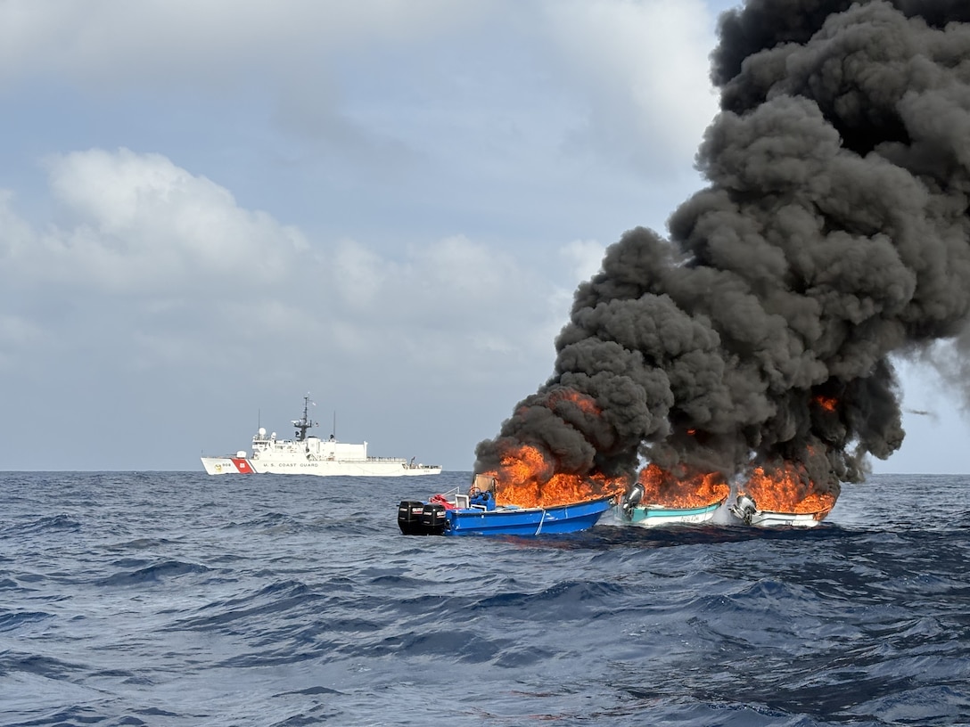 U.S. Coast Guard Cutter Tahoma crew members conduct interdiction operations in the Gulf of America, May 8, 2026. Tahoma’s crew, alongside a deployed Coast Guard Helicopter Interdiction Tactical Squadron aircrew, stopped three suspected smuggling vessels carrying narcotics during a maritime patrol approximately 90 miles off Cartagena, Colombia. (U.S. Coast Guard photo)