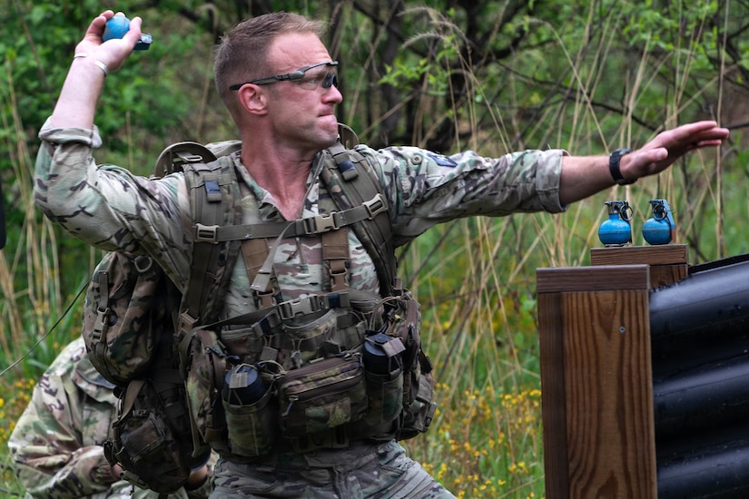 U.S. Army Sgt. 1st Class Erich Friedlein participates in a simulated grenade range, during the Region II Best Warrior Competition hosted by West Virginia National Guard, at Camp Dawson in Kingwood, West Virginia, on May 6, 2026. (U.S. Army National Guard photo by Spc. Ayla Cameron)
