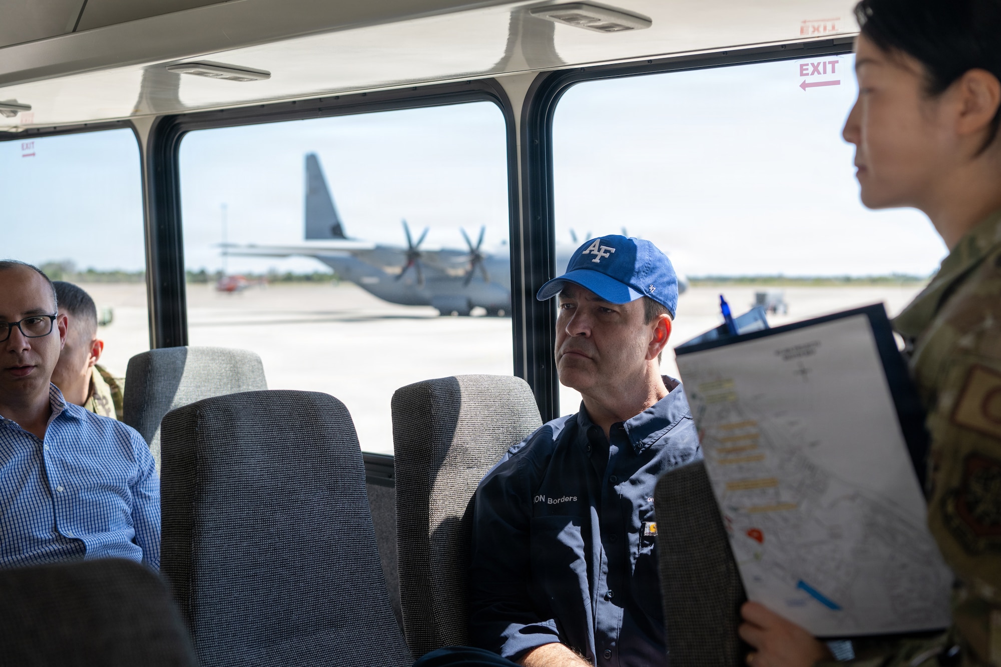 The Honorable Michael Borders, U.S. Assistant Secretary of the Air Force for Energy, Installations and Environment, listens to leaders discuss plans for the hangars at MacDill Air Force Base, Florida, April 15, 2026. MacDill will soon be home to KC-46 aircraft. (U.S. Air Force photo by Airman Micquill Davis)