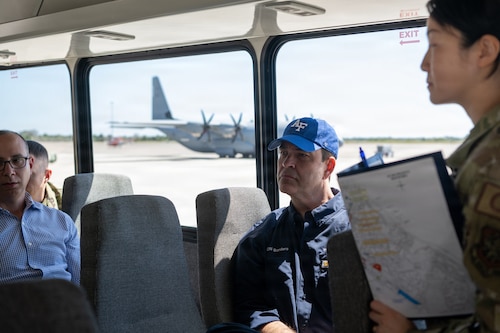 The Honorable Michael Borders, U.S. Assistant Secretary of the Air Force for Energy, Installations and Environment, listens to leaders discuss plans for the hangars at MacDill Air Force Base, Florida, April 15, 2026. MacDill will soon be home to KC-46 aircraft. (U.S. Air Force photo by Airman Micquill Davis)