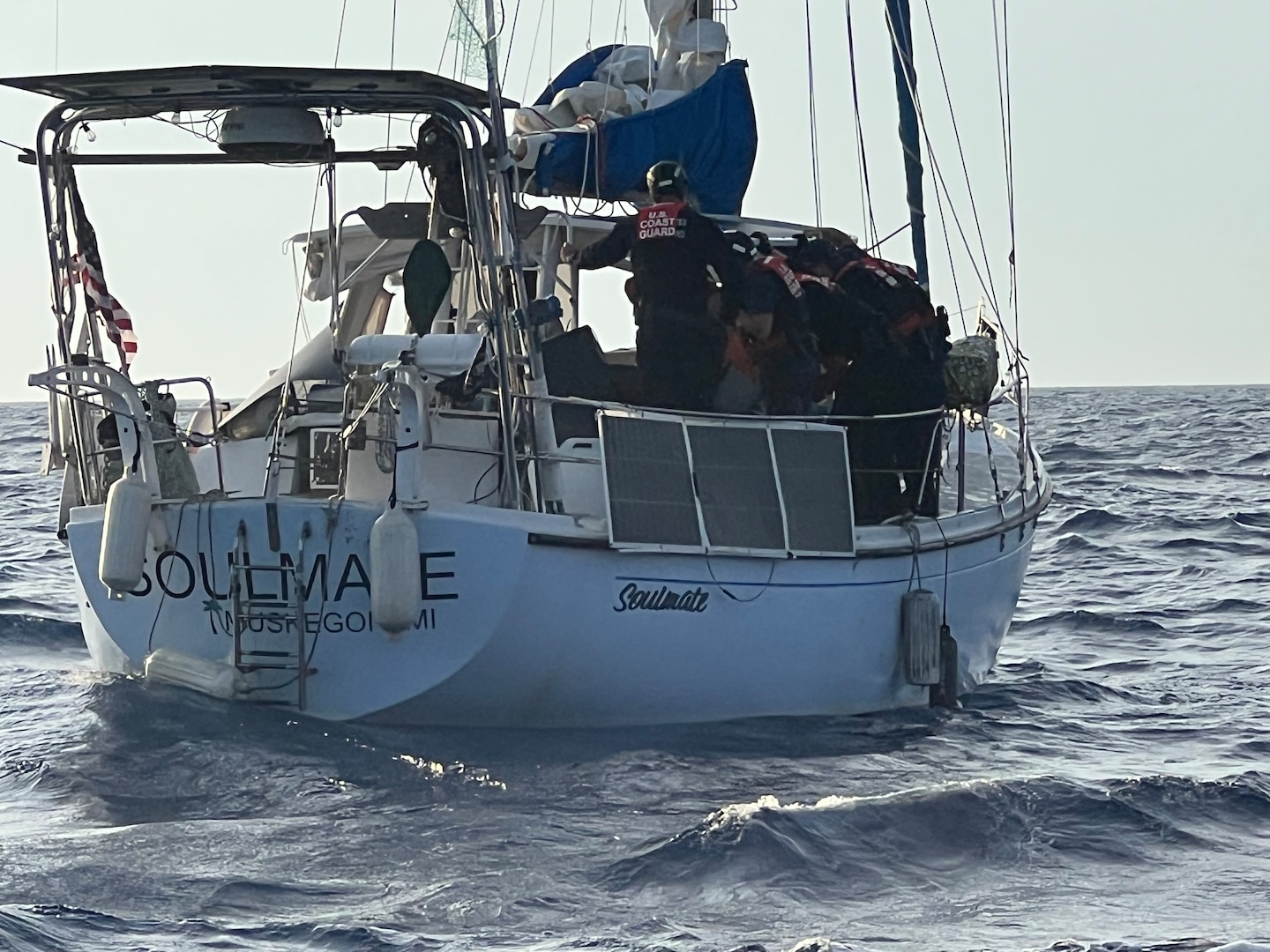 Special agents with the U.S. Coast Guard Investigative Service, supported by Coast Guard surface and aviation assets, conduct an offshore interdiction operation involving the sailing vessel Soulmate approximately 40 nautical miles off the coast of Melbourne, Florida. The operation is part of an ongoing criminal investigation into the disappearance of Lynette Hooker. (U.S. Coast Guard photo)