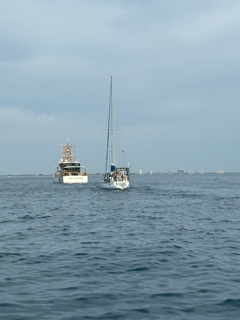 Special agents with the U.S. Coast Guard Investigative Service, supported by Coast Guard surface and aviation assets, conduct an offshore interdiction operation involving the sailing vessel Soulmate approximately 40 nautical miles off the coast of Melbourne, Florida. The operation is part of an ongoing criminal investigation into the disappearance of Lynette Hooker. (U.S. Coast Guard photo)