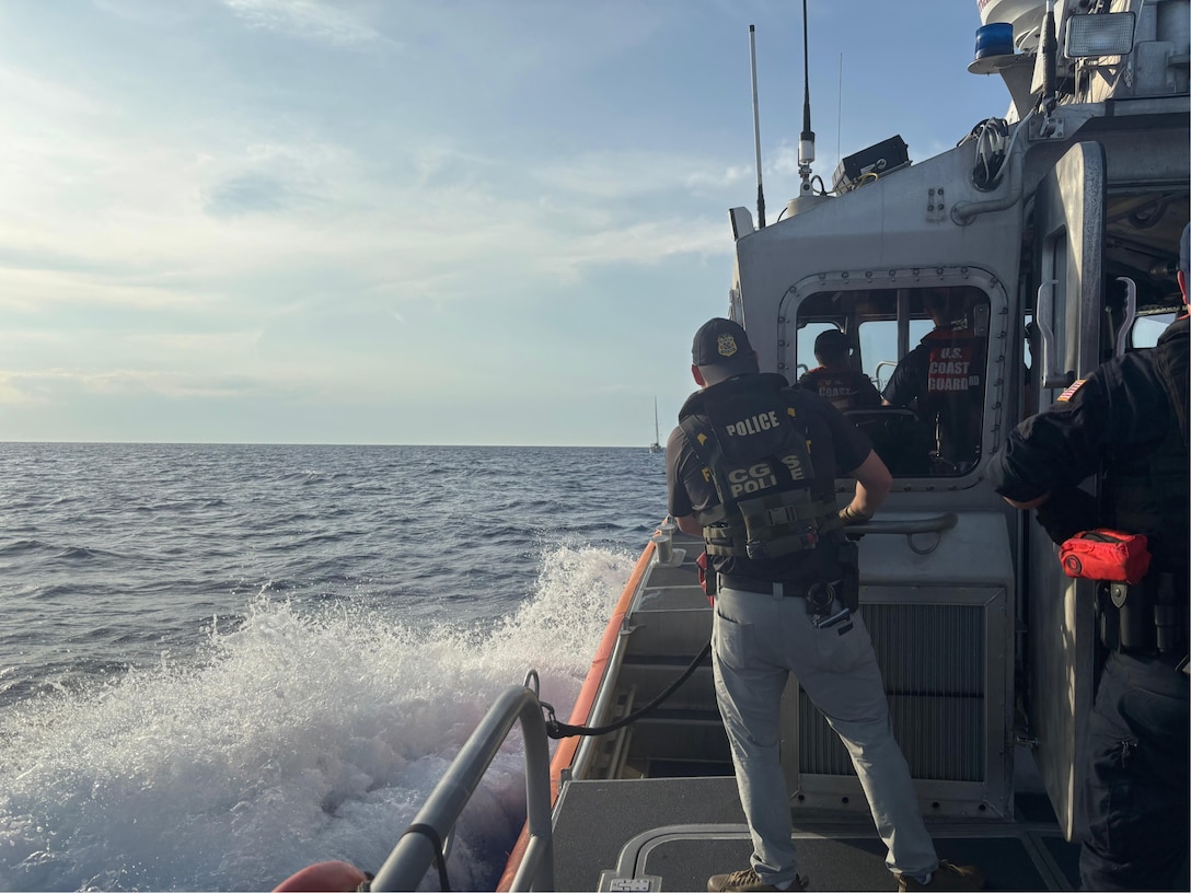 Special agents with the U.S. Coast Guard Investigative Service, supported by Coast Guard surface and aviation assets, conduct an offshore interdiction operation involving the sailing vessel Soulmate approximately 40 nautical miles off the coast of Melbourne, Florida. The operation is part of an ongoing criminal investigation into the disappearance of Lynette Hooker. (U.S. Coast Guard photo)
