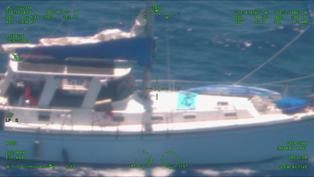 Special agents with the U.S. Coast Guard Investigative Service, supported by Coast Guard surface and aviation assets, conduct an offshore interdiction operation involving the sailing vessel Soulmate approximately 40 nautical miles off the coast of Melbourne, Florida. The operation is part of an ongoing criminal investigation into the disappearance of Lynette Hooker. (U.S. Coast Guard photo)