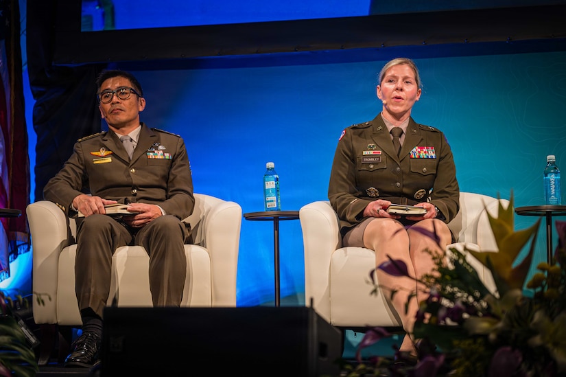 U.S. Army Brig. Gen. Katherine Trombley, commanding general of the 9th Mission Support Command, shares knowledge on how her organization operates across the Indo-Pacific theater during LANPAC 2026 on May 14, 2026.