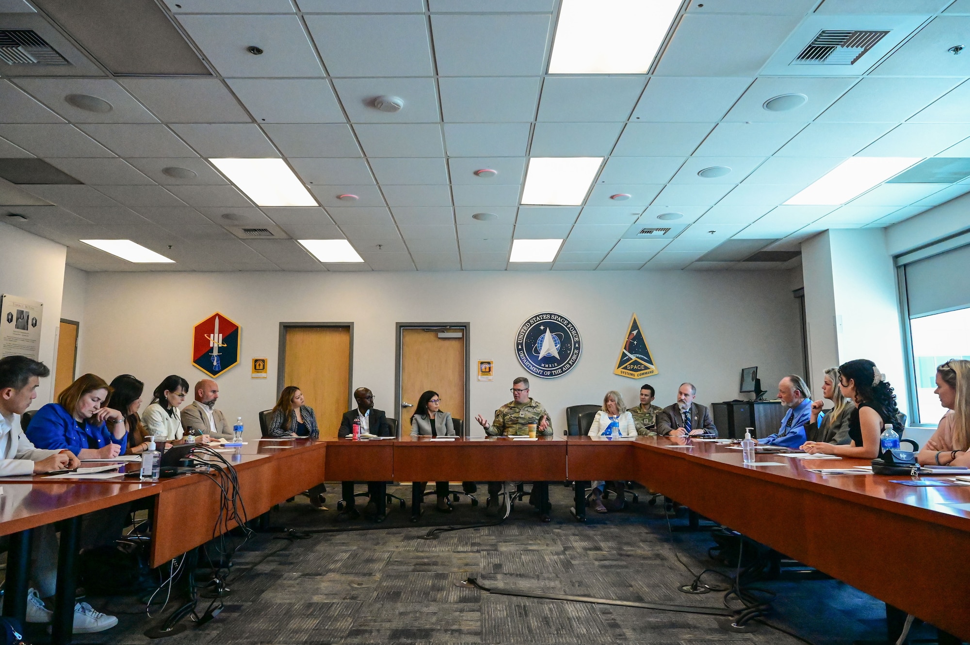 Space Base Delta 3 and regional civic and aerospace leaders discuss the importance of strategic partnership during a visit at Los Angeles Air Force Base, Calif., May 11, 2026. The meeting fostered the collaboration of stakeholders and aligned efforts to empower the force, build resilient infrastructure, and strengthen the vital role of the aerospace industry in both the regional economy and national defense. (U.S. Space Force photo by Capt. Michelle Chang)