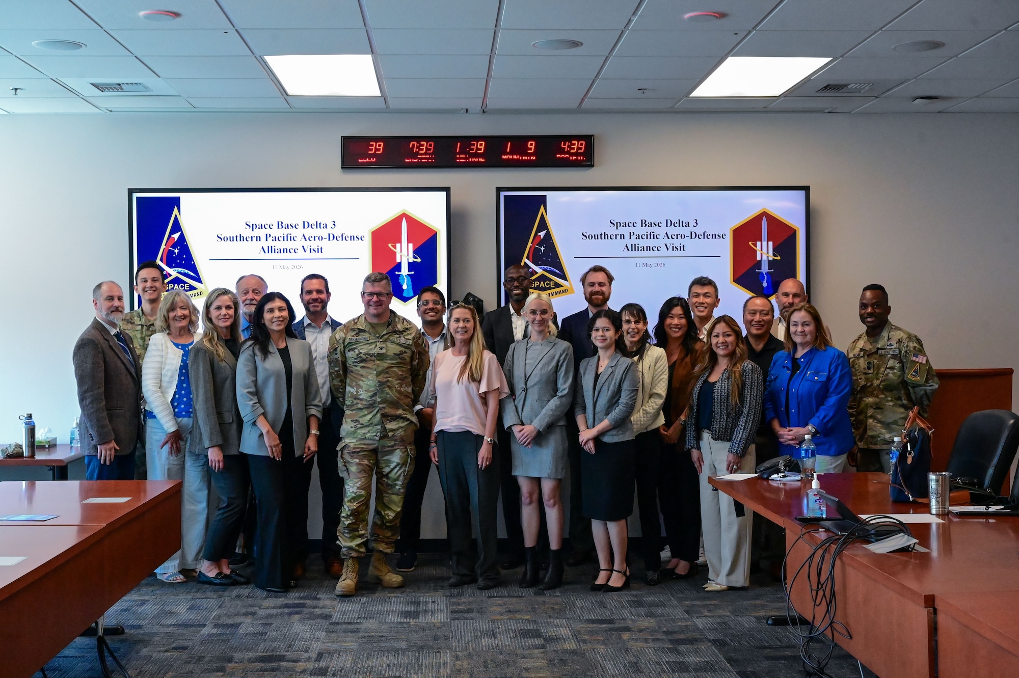 Space Base Delta 3 and regional civic and aerospace leaders pose for a group photo during a visit at Los Angeles Air Force Base, Calif., May 11, 2026. The meeting fostered the collaboration of stakeholders and aligned efforts to empower the force, build resilient infrastructure, and strengthen the vital role of the aerospace industry in both the regional economy and national defense. (U.S. Space Force photo by Capt. Michelle Chang)