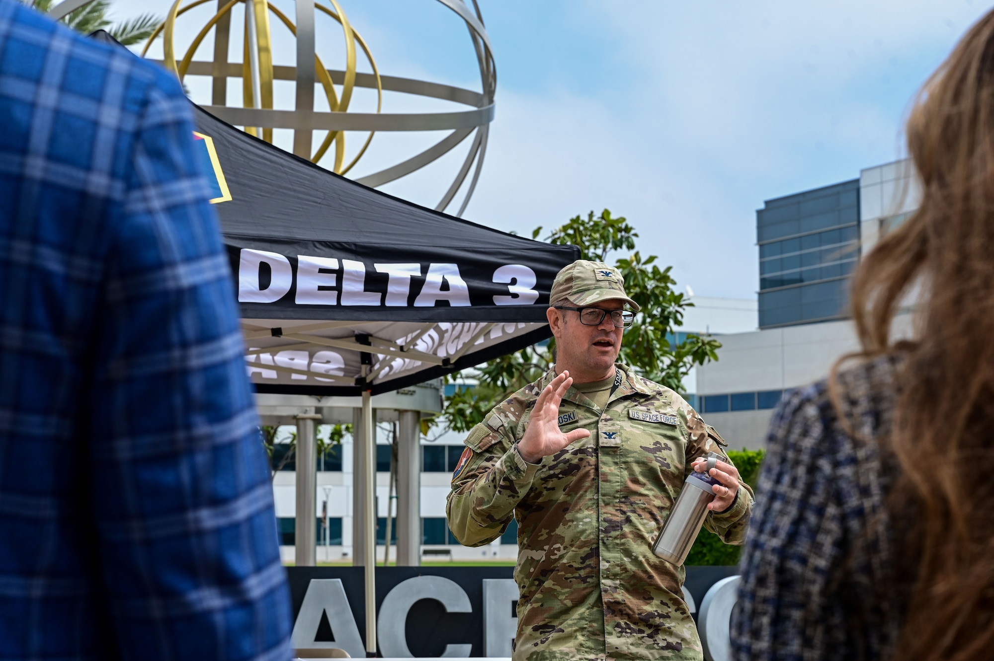 U.S. Space Force Col. Andrew Dermanoski, commander of Space Base Delta 3, welcomes civic and aerospace leaders at Los Angeles Air Force Base, Calif., May 11, 2026. The engagement allowed the base and regional stakeholders to align efforts in establishing the vital role of the aerospace industry in both the regional economy and national defense. (U.S. Space Force photo by Capt. Michelle Chang)