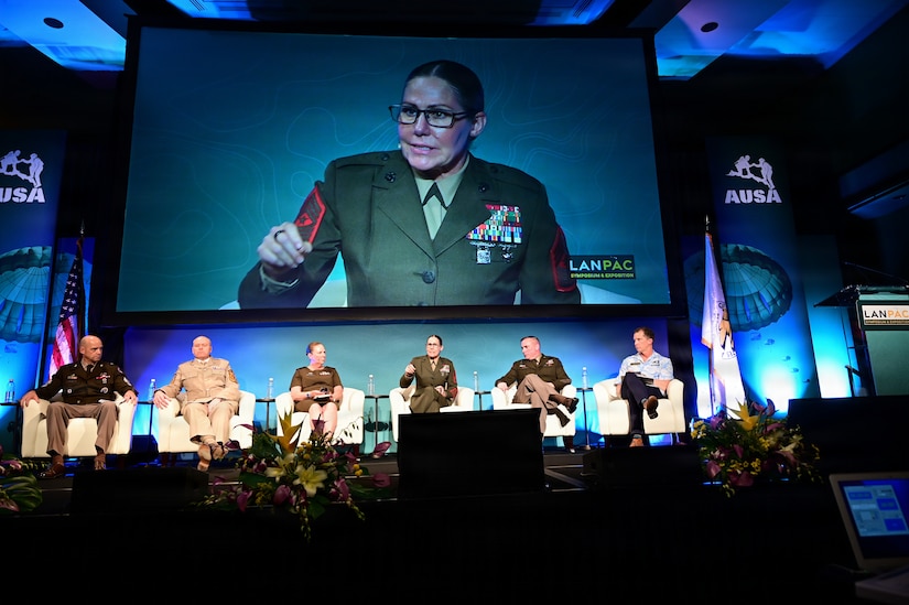 U.S. Marine Corps, Command Sgt. Maj. Joy M. Kitashima, senior enlisted leader of U.S. Marine Forces Pacific, participates in a panel discussing the forging of tomorrow’s leaders during the Senior Enlisted Leadership Forum, a part of the Land Forces Pacific Symposium and Exposition, at Honolulu, Hawaii, May 13, 2026.