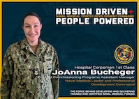 Naval Medical Forces Development Command and Naval Medical Leader and Professional Development Command (NMLPDC) are mission driven and people powered. Hospital Corpsman 1st Class JoAnna Bucheger is the Enlisted Commissioning Programs Assistant Manager at NMLPDC, which creates a pathway for enlisted Sailors and Marines to earn their commissions in the Navy Nurse Corps and across 12 critical specialties in the Medical Service Corps. (U.S. Navy graphic by Malcolm McClendon)