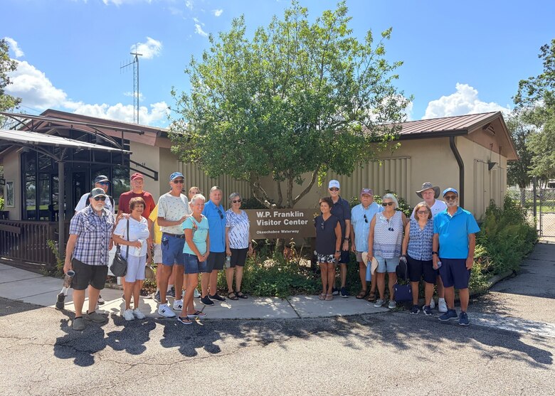 Members of the Cascades at Riverhall community group pose for a photo outside the Visitor Center at W.P. Franklin South Recreation Area on May 14, 2026, after touring the facility’s interactive exhibits in Alva, Florida. The tour highlighted U.S. Army Corps of Engineers Jacksonville District recreation missions, environmental stewardship efforts and the importance of the Okeechobee Waterway. (Photo by U.S Army Corps of Engineers Park Ranger Megan Parsons)