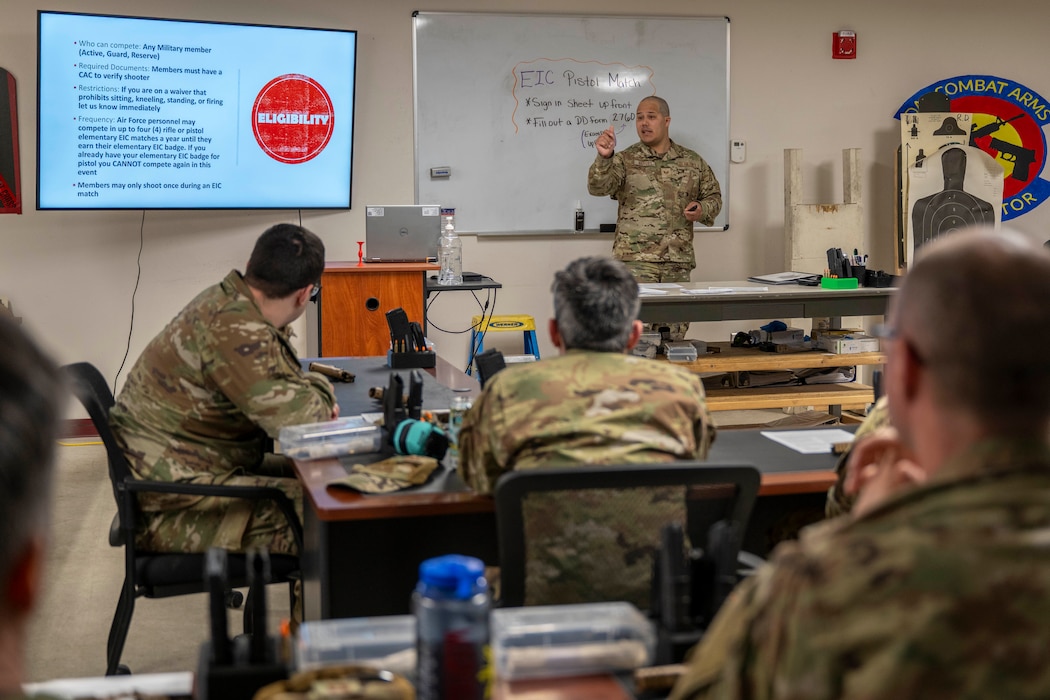 U.S. Air Force Staff Sgt. Efrain Burgos, 354th Security Forces combat arms training and management instructor, briefs about the Excellence in Competition event at Eielson Air Force Base, Alaska, May 13, 2026.