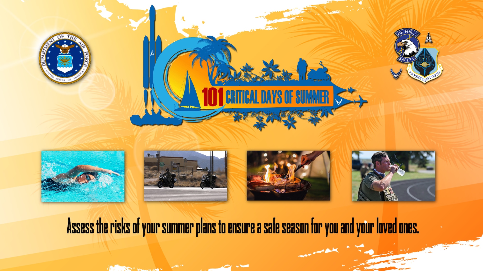 Graphic for 101 CDS with tabs for swimming, motorcycles, grilling and hydration.