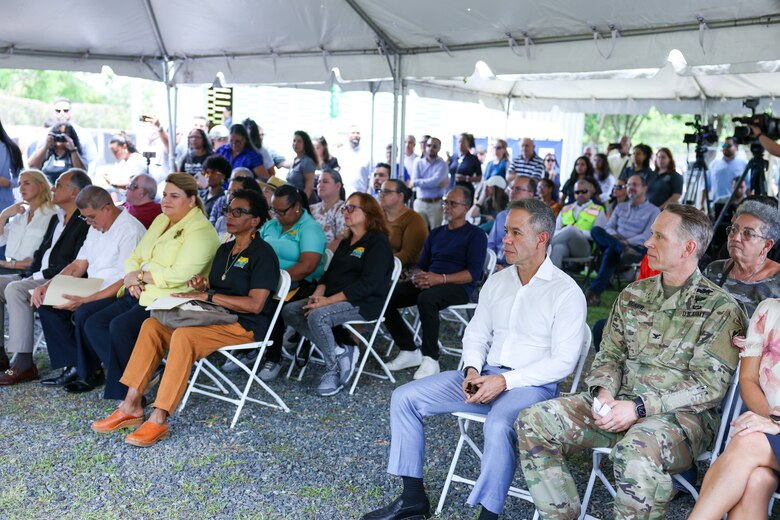 Community members, local leaders, and project partners attend the groundbreaking ceremony for Contract 3 Phase 1 of the Caño Martín Peña Ecosystem Restoration Project at the Israel Bitumul Community Pavilion in San Juan, Puerto Rico on May 14, 2026. The event celebrated a major step forward in long term efforts to restore the estuary and improve environmental conditions for nearby neighborhoods.