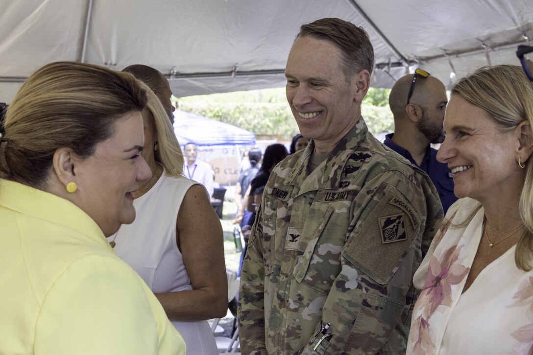 The Governor of Puerto Rico, Jenniffer González Colón, speaks with USACE Caribbean District Commander Col. Charles Decker and District Deputy for Programs and Protection Management Jacqueline Keiser after the groundbreaking ceremony for Contract 3 Phase 1 of the Caño Martín Peña Ecosystem Restoration Project in San Juan, Puerto Rico. The event marked the launch of a major construction phase aimed at restoring tidal flow, improving water quality, and enhancing environmental conditions for surrounding communities.