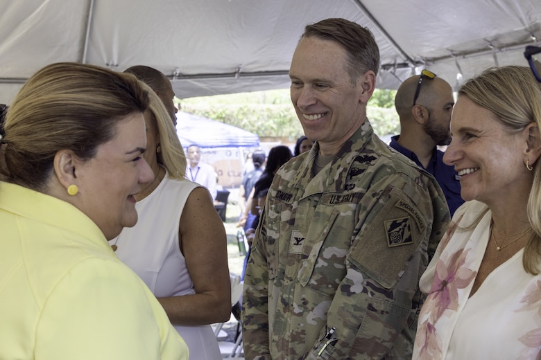 The Governor of Puerto Rico, Jenniffer González Colón, speaks with USACE Caribbean District Commander Col. Charles Decker and District Deputy for Programs and Protection Management Jacqueline Keiser after the groundbreaking ceremony for Contract 3 Phase 1 of the Caño Martín Peña Ecosystem Restoration Project in San Juan, Puerto Rico. The event marked the launch of a major construction phase aimed at restoring tidal flow, improving water quality, and enhancing environmental conditions for surrounding communities.