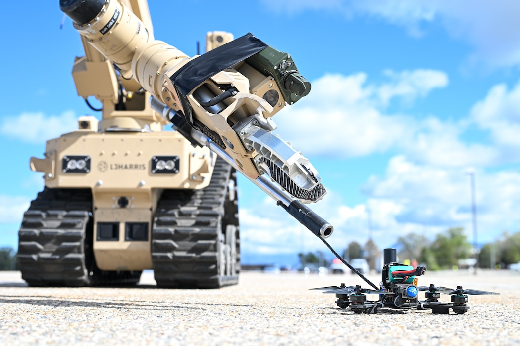 A 75th Explosive Ordnance Disposal Flight robot uses a camera to scan a small unmanned aerial system during a combat readiness inspection at Hill Air Force Base, Utah, April 17, 2026. The inspection evaluated the 75th Air Base Wing’s readiness to detect, overcome and execute mission requirements under challenging conditions. (U.S. Air Force photo by Cynthia Griggs)