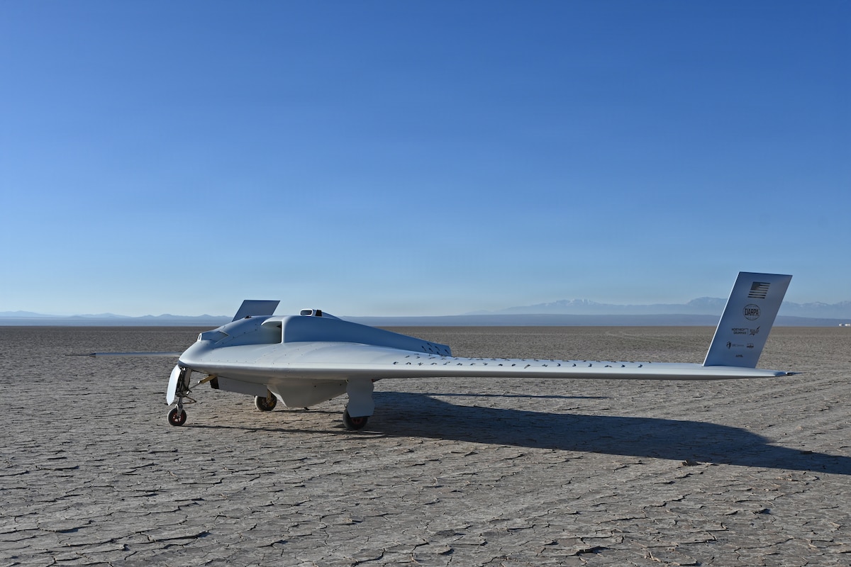 Defense Advanced Research Project Agency’s XRQ-73 hybrid-electric experimental aircraft takes off at Edwards Air Force Base, Calif., April 30, 2026, as part of DARPA’s Series Hybrid Electric Propulsion Aircraft Demonstration program. The flight marked a step forward in demonstrating the military utility of hybrid-electric propulsion. (Courtesy photo)