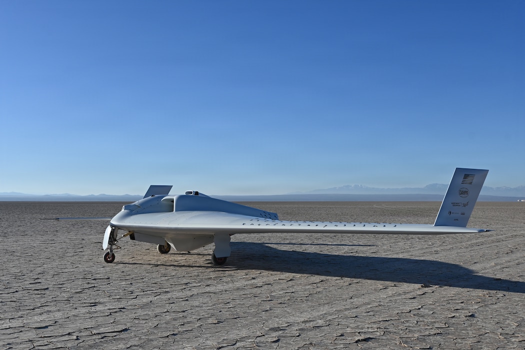 Defense Advanced Research Project Agency’s XRQ-73 hybrid-electric experimental aircraft takes off at Edwards Air Force Base, Calif., April 30, 2026, as part of DARPA’s Series Hybrid Electric Propulsion Aircraft Demonstration program. The flight marked a step forward in demonstrating the military utility of hybrid-electric propulsion. (Courtesy photo)