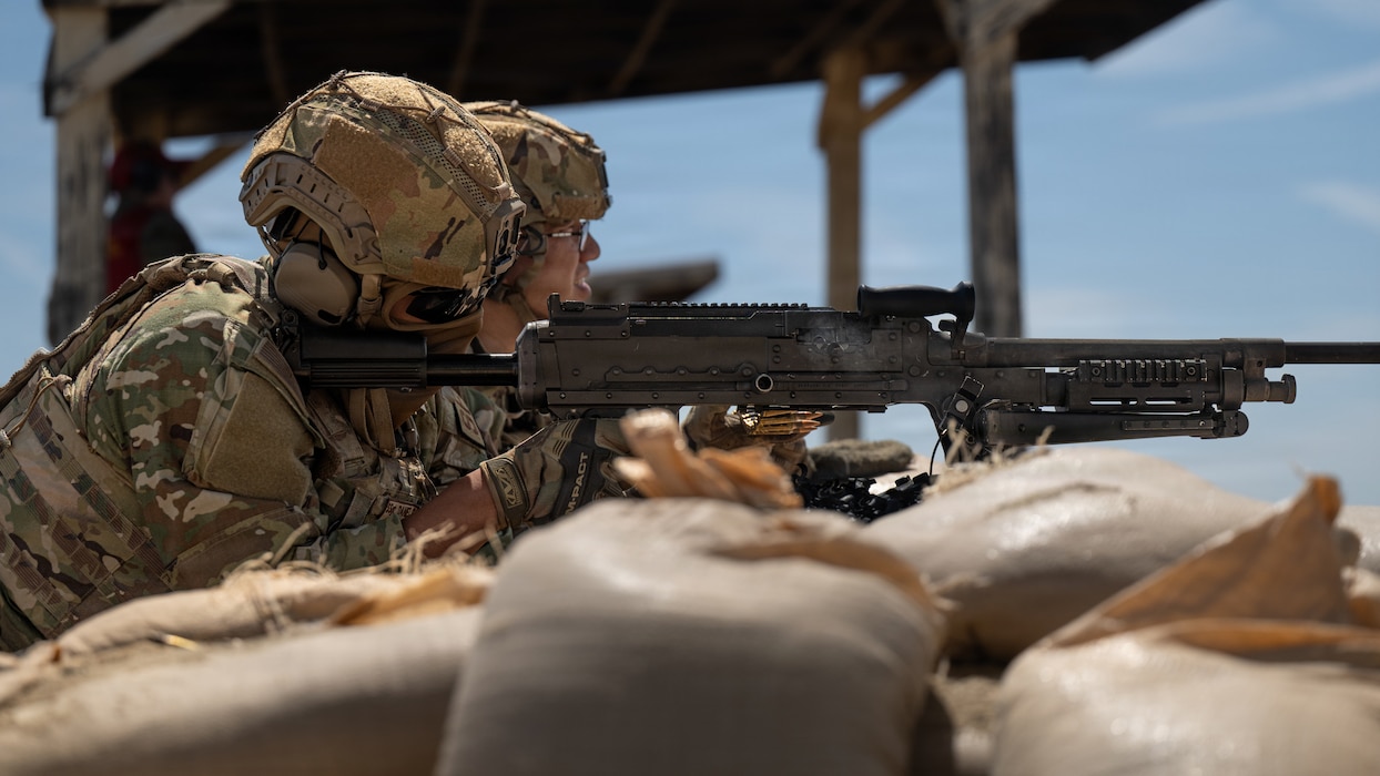 California Air National Guard Airmen assigned to March Air Reserve Base conduct heavy weapons qualification training with the M240B, M249 and M320 at Edwards Air Force Base, Calif., May 2, 2026. Airmen conducted live-fire training under the supervision of Combat Arms Training and Maintenance personnel to maintain weapon proficiency and mission readiness. (U.S. Air National Guard photo by Tech. Sgt. Joseph Pagan)