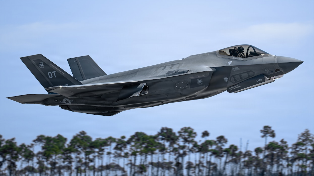 An F-35A Lightning II assigned to the 422nd Test and Evaluation Squadron at Nellis Air Force Base, Nev., takes off during exercise Checkered Flag 26-2 at Tyndall Air Force Base, Fla., May 4, 2026. Checkered Flag immerses aircrew in high-intensity scenarios designed to test mission execution while integrating multiple generations of aircraft. (U.S. Air Force photo by Senior Airman Zeeshan Naeem)