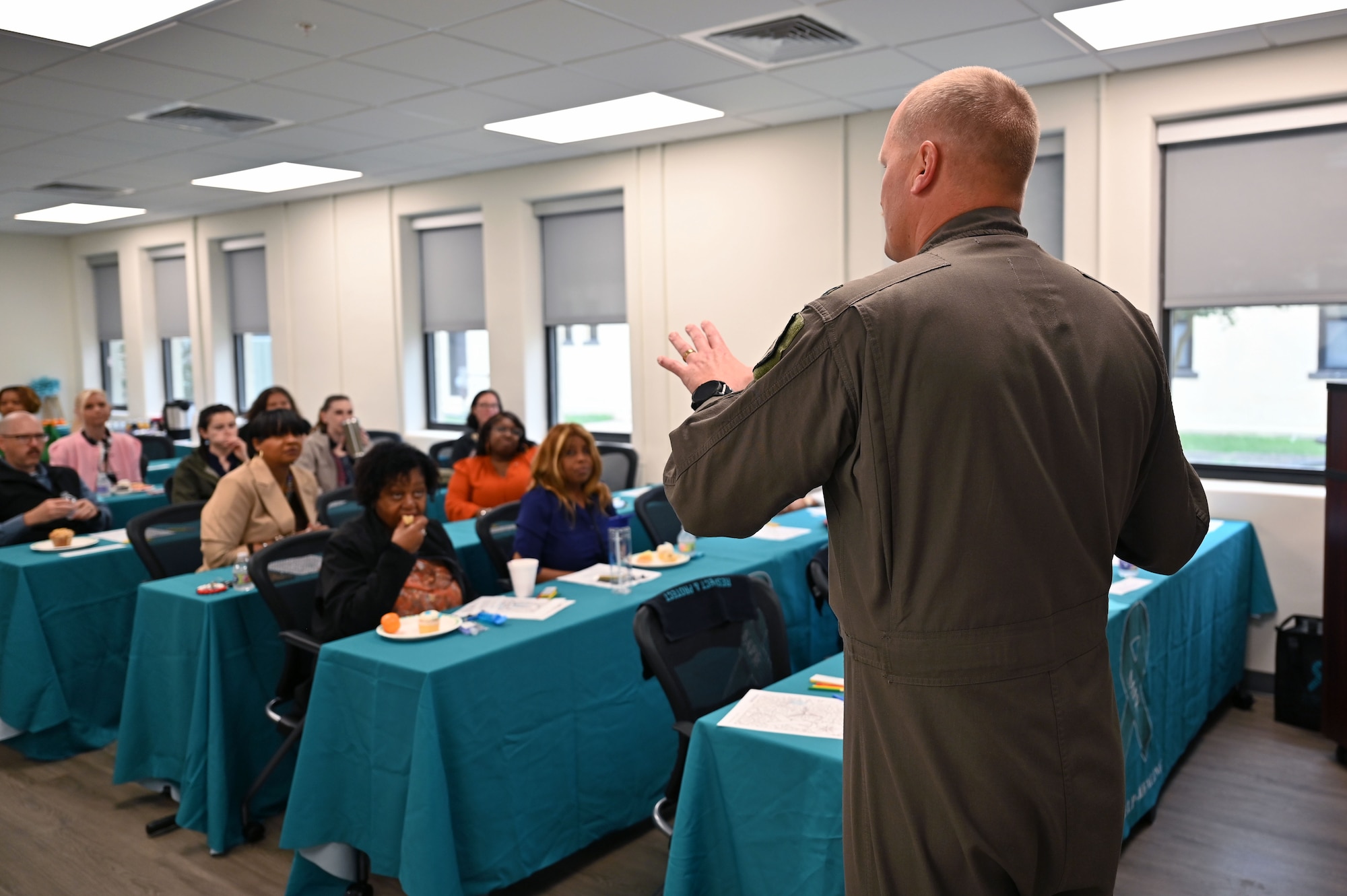 U.S. Air Force Col. Huck Rudolphi, 42d Air Base Wing Deputy Commander, addresses a Sexual Assault Prevention and Response class at the Integrated Resilience Center on Maxwell Air Force Base, Alabama, May 15, 2026. The IRC provides airmen, guardians, civilian employees and families with coordinated support services on mental, physical, social and spiritual well-being.