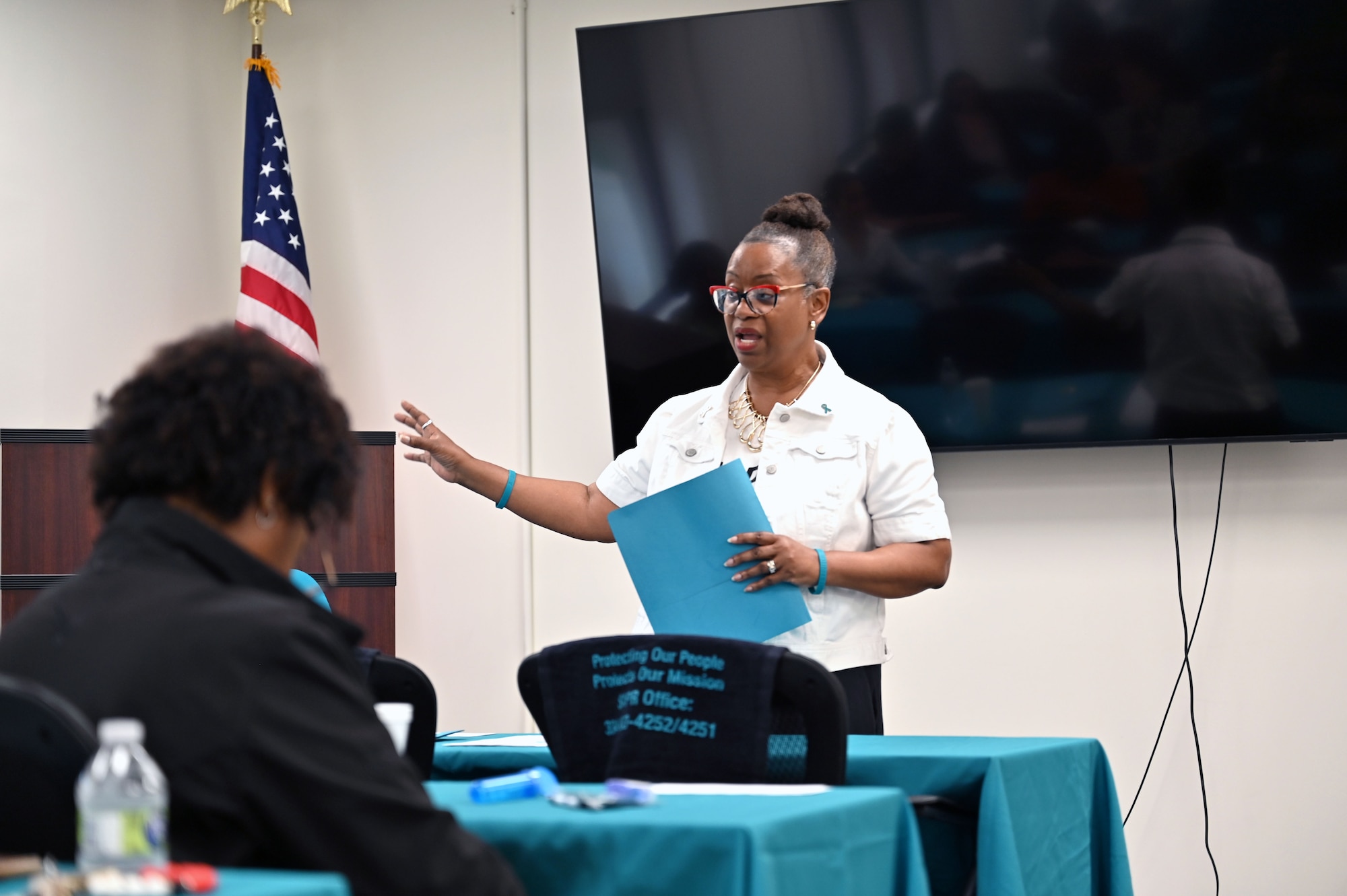 LaNesa Howard, Maxwell-Gunter installation lead sexual assault response coordinator, conducts a training session at the Integrated Resilience Center on Maxwell Air Force Base, Alabama, May 15, 2026. By centralizing support programs and services, the IRC empowers individuals and families to thrive on and off duty.
