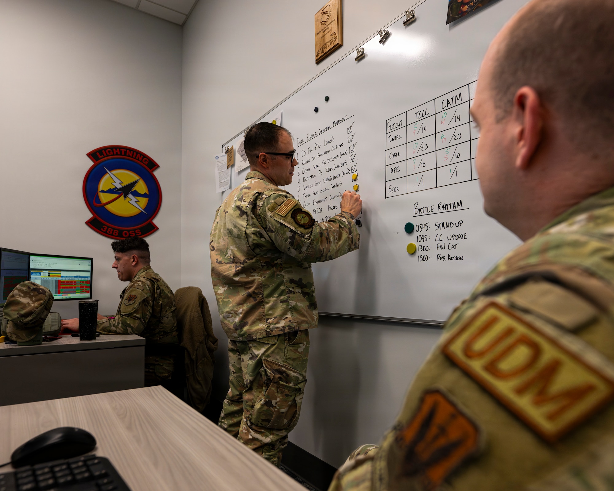 A photo of an Airmen making a list on a whiteboard