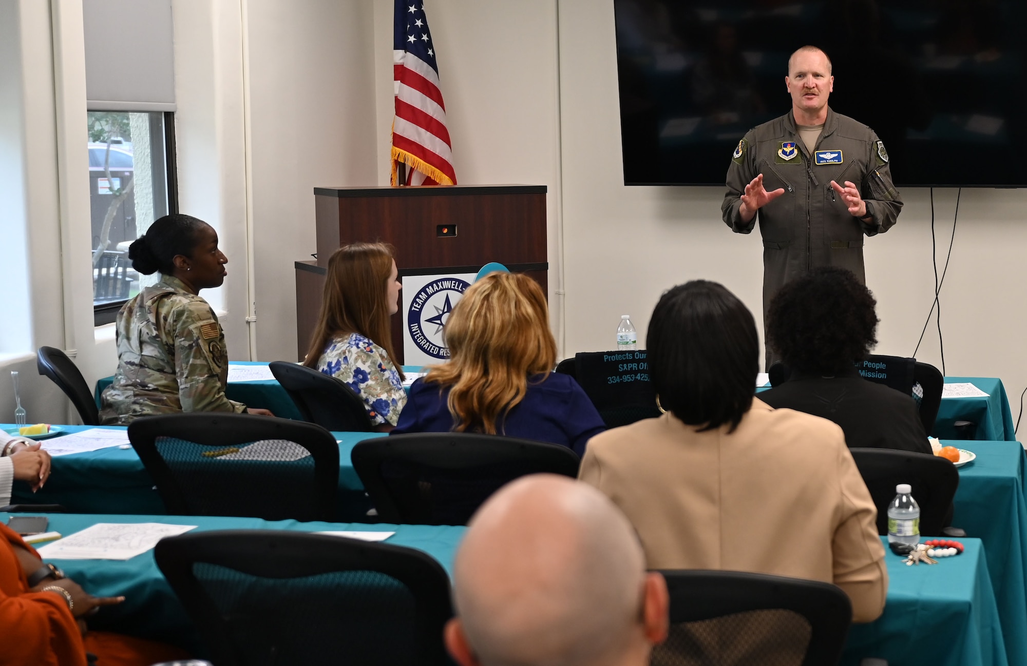 U.S. Air Force Col. Huck Rudolphi, 42d Air Base Wing Deputy Commander, addresses a Sexual Assault Prevention and Response class at the Integrated Resilience Center on Maxwell Air Force Base, Alabama, May 15, 2026. By centralizing support programs and services, the IRC empowers individuals and families to thrive on and off duty.