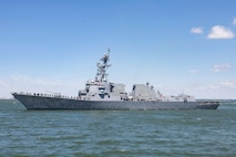 260515-N-EE423-1028 - NORFOLK (May 15, 2026) The newest Arleigh Burke-class guided-missile destroyer, the future USS Ted Stevens (DDG 128) arrives in its future homeport of Naval Station Norfolk , May 15, 2026. The U.S. Navy will commission the future USS Ted Stevens (DDG 128) on a date to be announced at a later time in Whittier, Alaska. (U.S. Navy photo by Mass Communication Specialist 1st Class Sophie A. Pinkham)