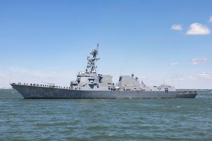 260515-N-EE423-1028 - NORFOLK (May 15, 2026) The newest Arleigh Burke-class guided-missile destroyer, the future USS Ted Stevens (DDG 128) arrives in its future homeport of Naval Station Norfolk , May 15, 2026. The U.S. Navy will commission the future USS Ted Stevens (DDG 128) on a date to be announced at a later time in Whittier, Alaska. (U.S. Navy photo by Mass Communication Specialist 1st Class Sophie A. Pinkham)