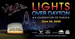 Graphic of the front of the National Museum of the U.S. Air Force at night with drones above in the shape of an aircraft and a spacecraft. The text reads Lights Over Dayton, A Celebration of Flight, June 26, 2026. Below the text are the presenting sponsor logos Air Force, National Aviation Heritage Area, and the supporting sponsors, Air Force Museum Foundation and the America 250-Ohio Commission. Below that is the text: This event is part of the nationwide Freedom 250 Celebration.