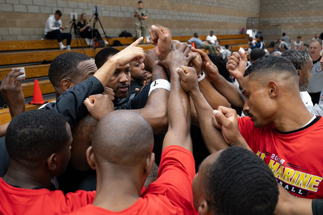 The Armed Forces Basketball Championship brings together service members from the Army, Marine Corps, Navy (with Coast Guard athletes), and Air Force (with Space Force athletes) to compete at the national level. Armed Forces Sports promotes physical fitness, provides competitive opportunities for military athletes at national and international levels, supports recruitment and retention efforts, and strengthens partnerships through sports diplomacy. (Department of War photo by Elijah Light)