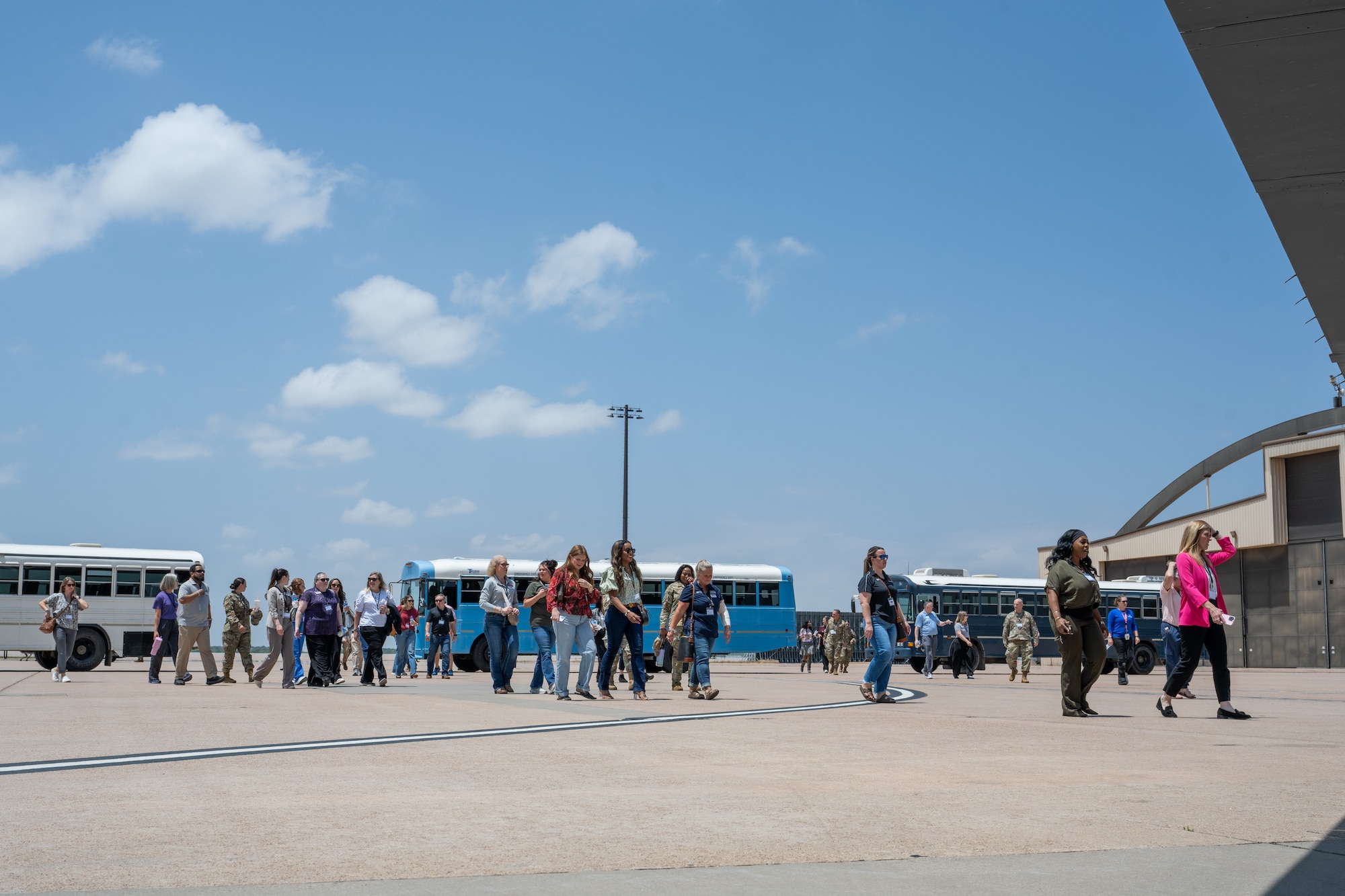 Abilene medical professionals arrive for a medical provider collaboration tour hosted by the 7th Medical Group at Dyess Air Force Base, Texas, May 8, 2026. The 7th MDG organized the tour to bolster relationships with local healthcare partners, ensuring community providers understand the unique operational requirements of the military personnel they treat. (U.S. Air Force Photo by Airman 1st Class Caleb Schellenberg)