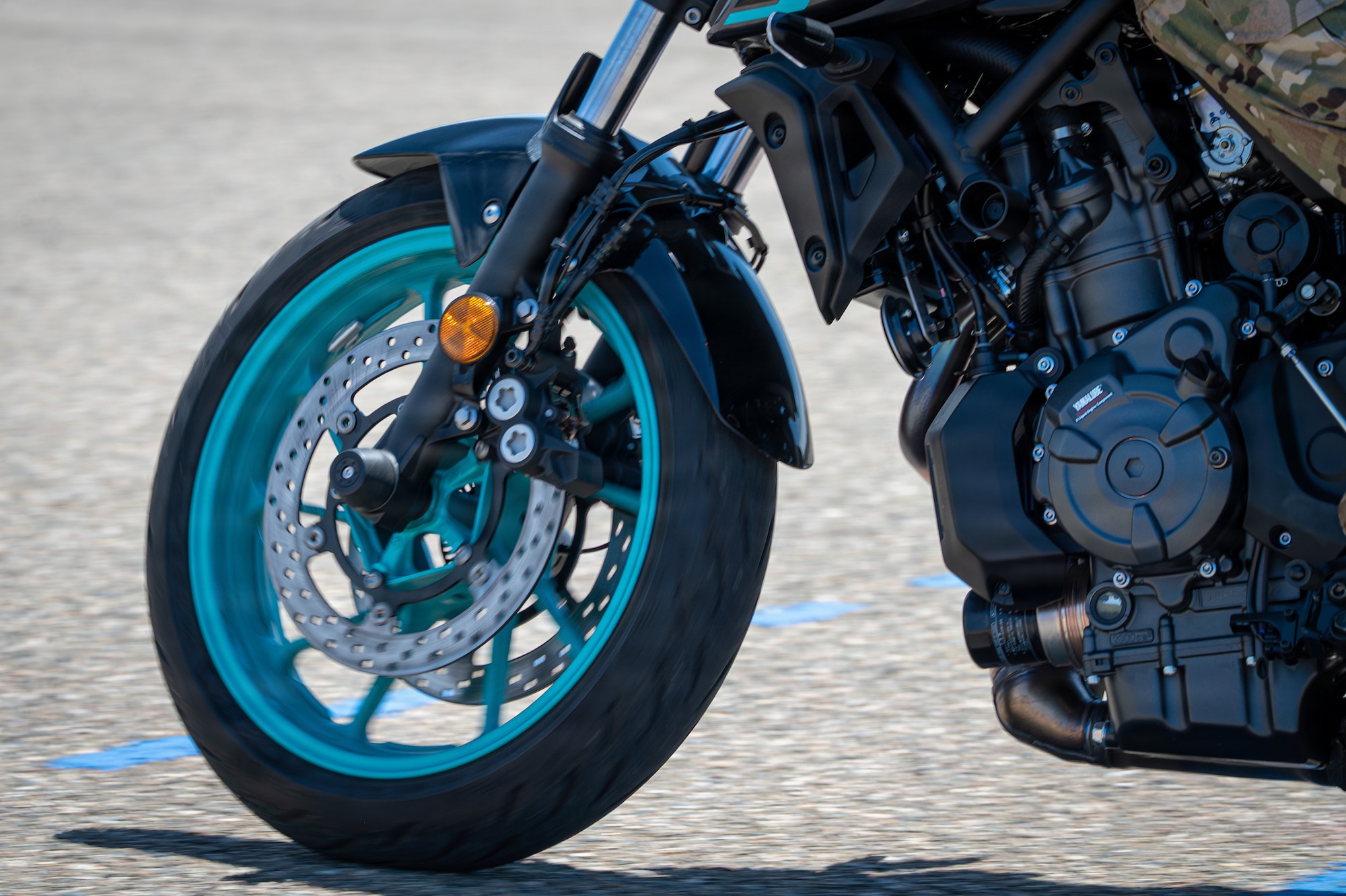 A motorcycle wheel.