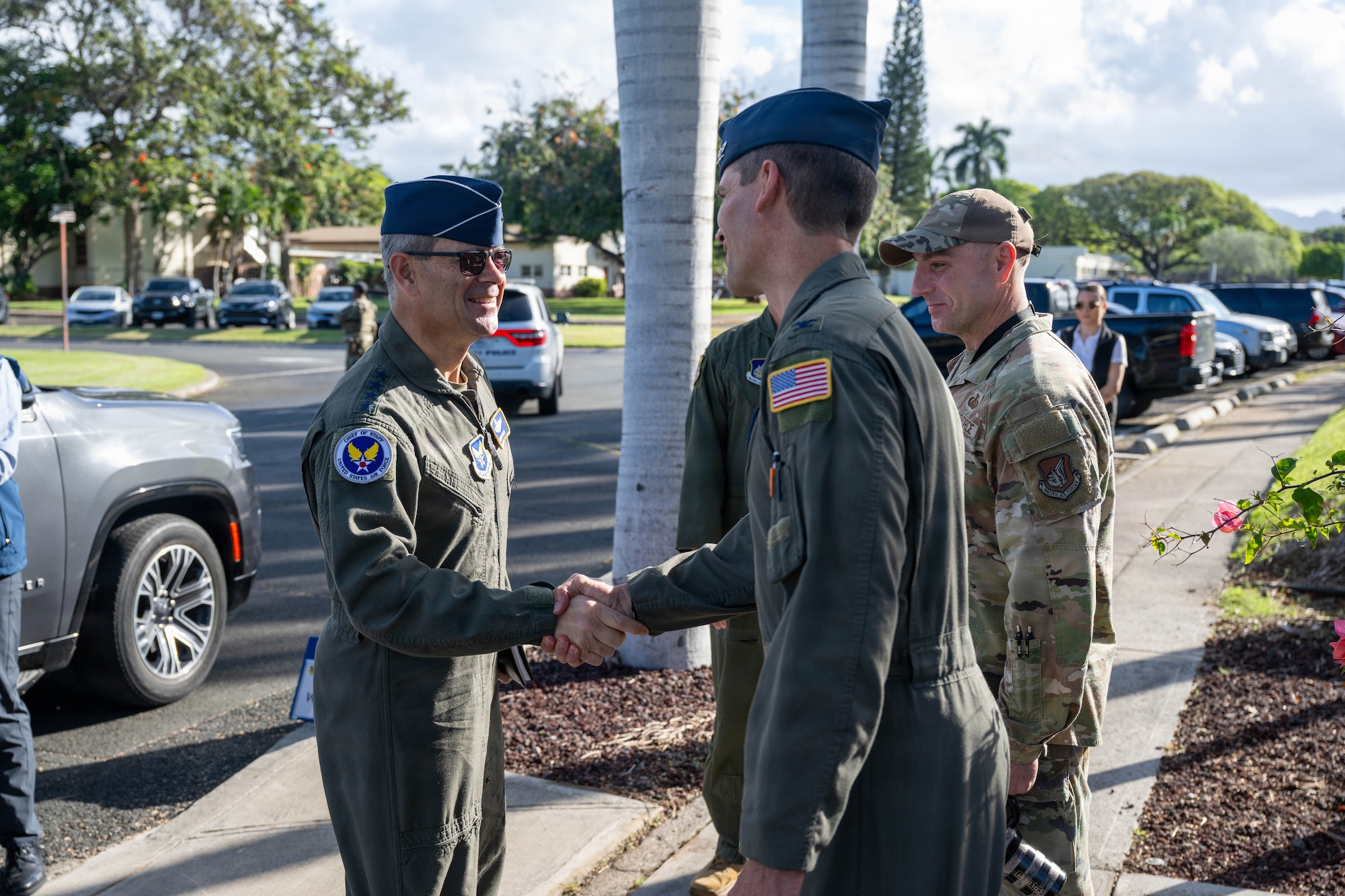 The 15th Wing command team greets Air Force Chief of Staff Gen. Ken Wilsbach upon his arrival to Joint Base Pearl Harbor-Hickam.