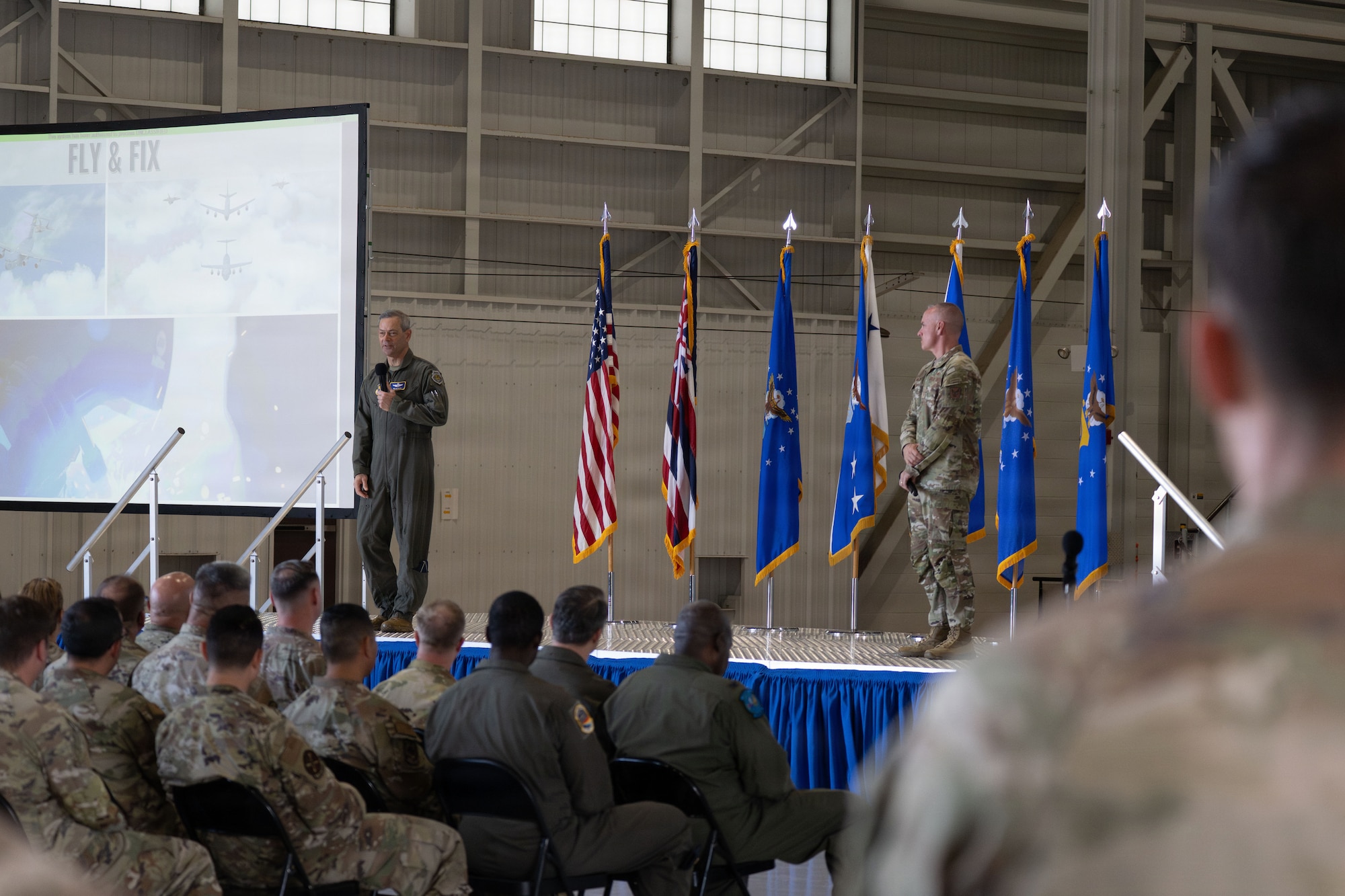 Air Force Chief of Staff Gen. Ken Wilsbach and Chief Master Sergeant of the Air Force David Wolfe address Team Hickam.