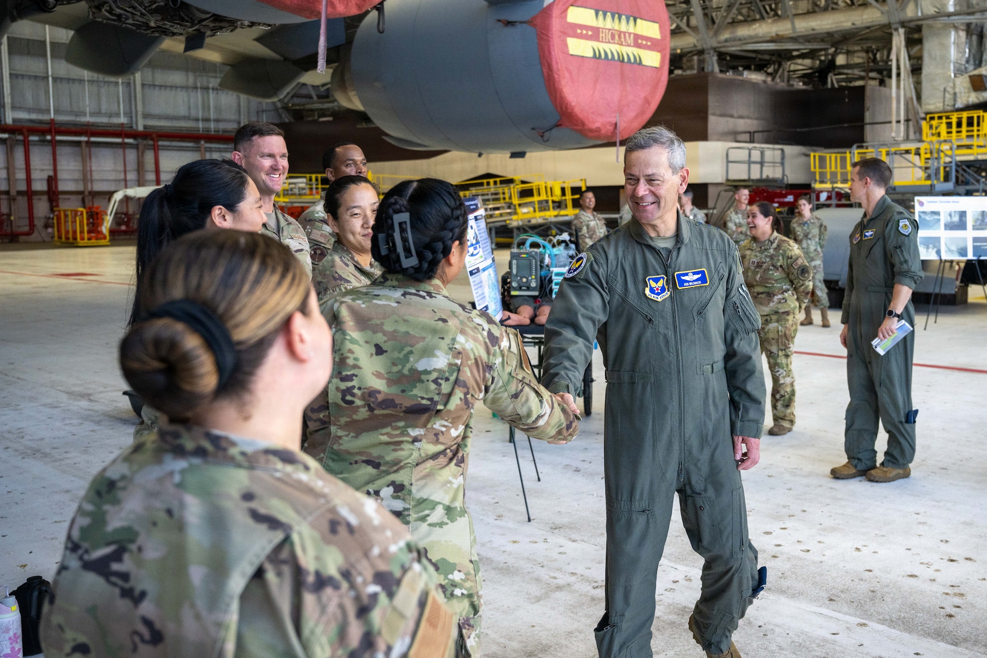 Air Force Chief of Staff Gen. Ken Wilsbach greets Team Hickam Airmen during his tour of the 15th Wing.