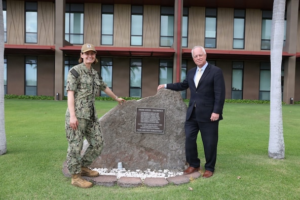 Under Secretary of War for Personnel and Readiness Anthony J. Tata and U.S. Navy Capt. Meghan Bodnar, deputy director for operations for the Defense POW/MIA Accounting Agency, visit the MI 17 Memorial on Heroes’ Green in front of the Daniel K. Inouye DPAA Center for Excellence at Joint Base Pearl Harbor–Hickam, Hawaii, on May 11, 2026.