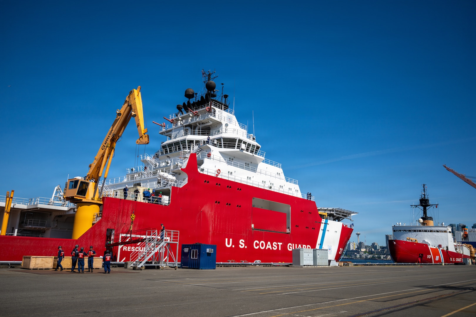 U.S. Coast Guard Cutter Storis (WAGB 21) sits moored at Coast Guard Base Seattle following a 36-day patrol to the Bering Sea, May 11, 2026. Storis is a 360-foot medium icebreaker capable of navigating through three feet of ice at five knots, adding crucial capabilities to the Coast Guard's Arctic operations. (U.S. Coast Guard photo by Petty Officer 2nd Class Briana Carter)