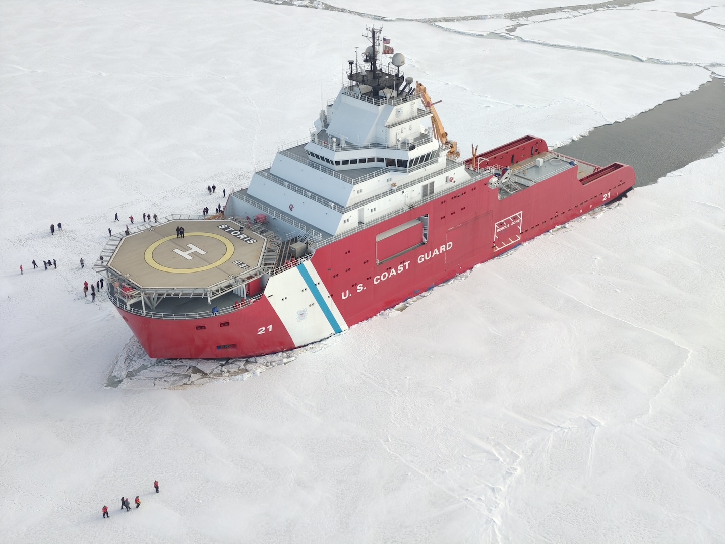 USCGC Storis (WAGB 21) sits hove to in the ice while conducting ice liberty for the crew in the Bering Sea, April 17, 2026. The patrol focused on advancing operational readiness, strengthening interoperability with other military assets, and testing new concepts to support prolonged operations in one of the world’s most demanding and austere maritime environments. U.S. Coast Guard courtesy photo.