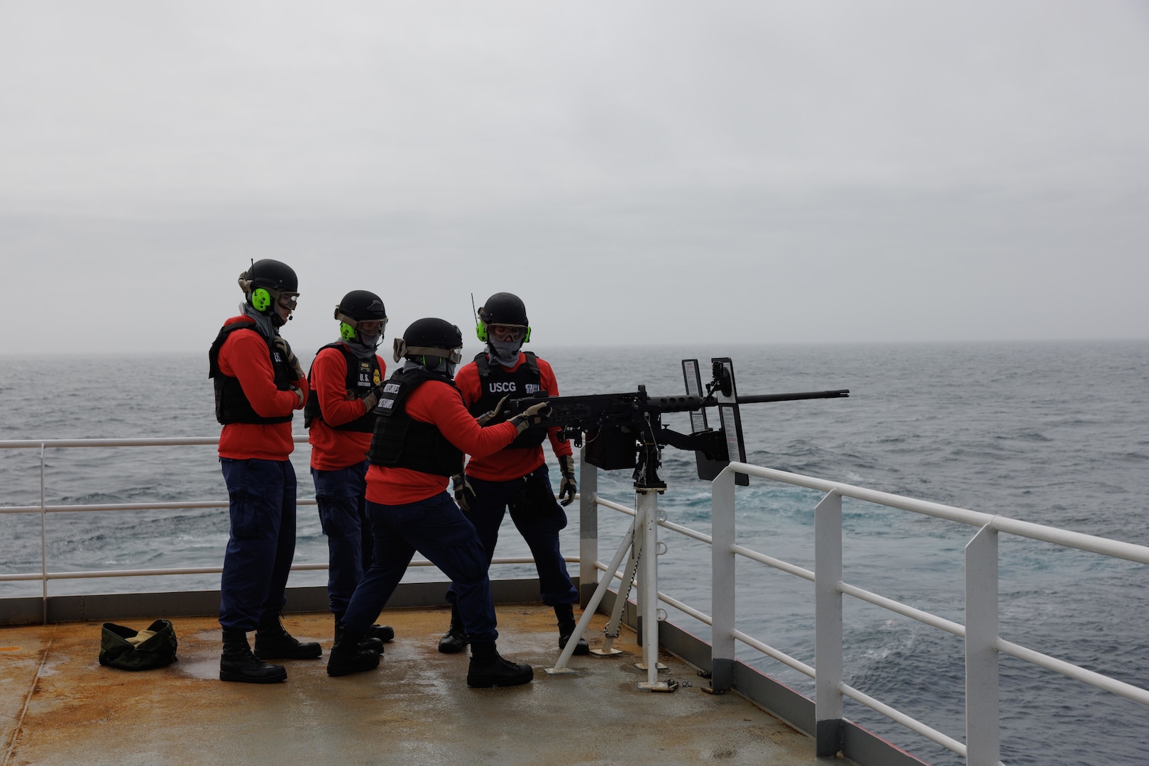 USCGC Storis (WAGB 21) crewmembers conduct a gunnery exercise to maintain qualification and prepare for this summer’s deployment while patrolling the Gulf of Alaska, May 8, 2026. By honing marksmanship and weapons system proficiency, the crew reinforced the Coast Guard’s role as an armed service capable of defending national security interests and responding to emerging maritime threats. U.S. Coast Guard photo by Chief Petty Officer Michael Underwood.