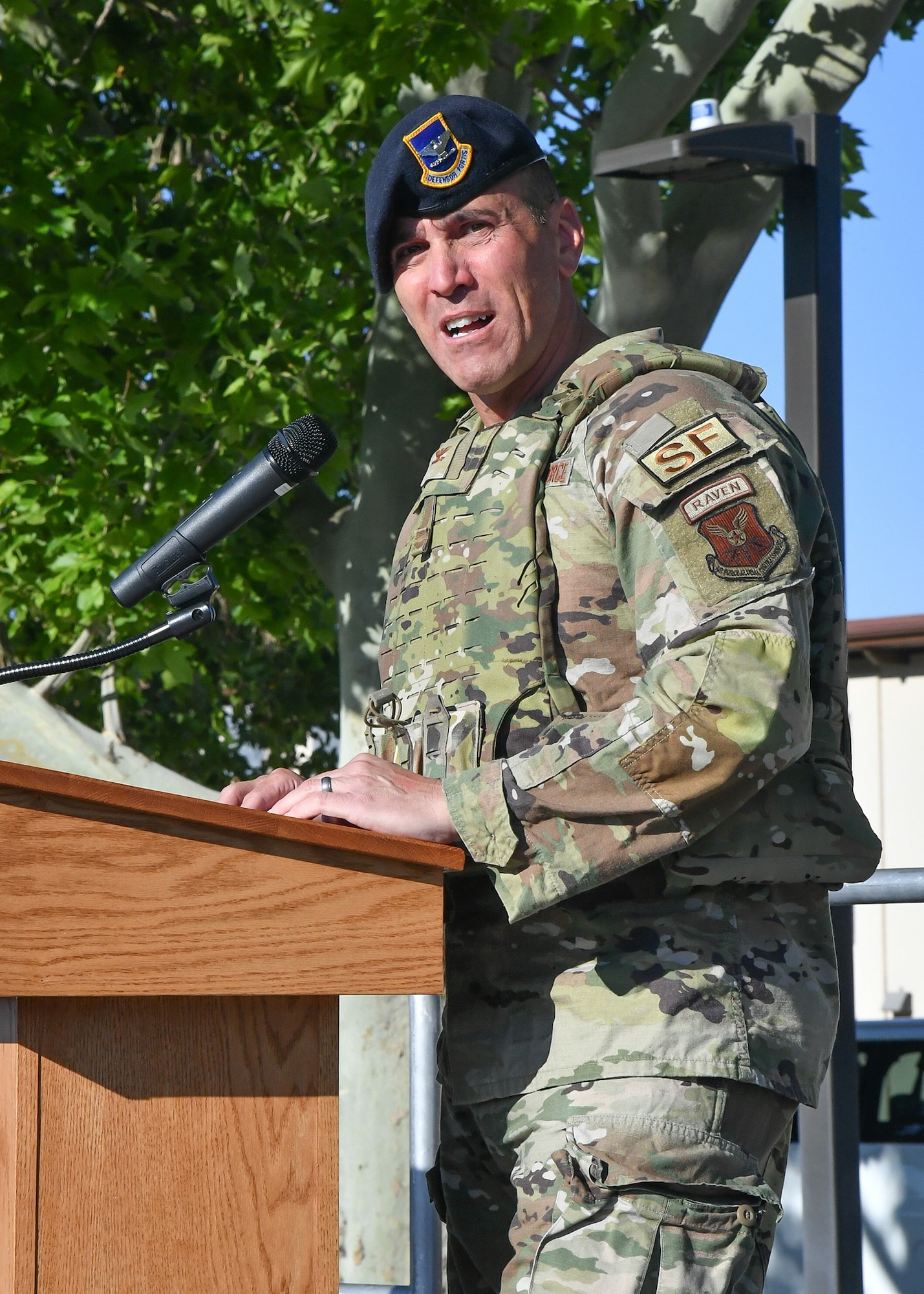 Team Kirtland gathered on Hardin Field as Col. Matthew Foisy, 377th Security Forces Group commander, delivered opening remarks that set the tone for a week of honor, remembrance and unity. The annual observance began with a ruck march, paying tribute to Defenders who gave their lives in service. (U.S. Air Force photo by Todd Berenger)